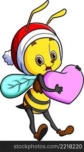 The cute bee is flying and hugging heart love shape