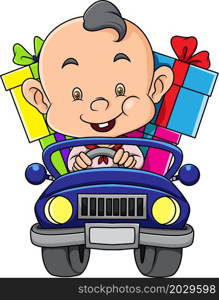 The cute boy is carrying gifts by car