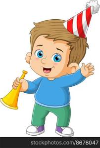 The cute boy is holding and blowing the golden trumpet in the new year s day 