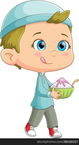 The cute boy is hungry and holding a strawberry ice cream in a bowl