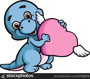 The cute brontosaurus is hugging a love with the wings