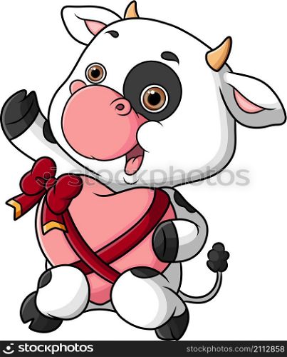 The cute cow is performing and holding a big heart love