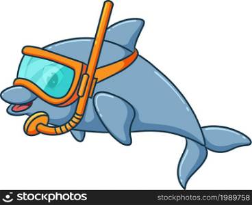 The cute dolphin is swimming with the goggles of illustration