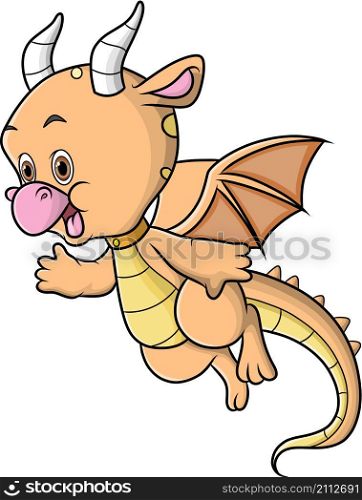 The cute dragon with the horn is flying and waving the hand