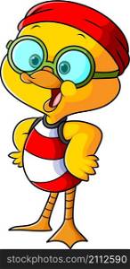 The cute duck is wearing a headband and glasses