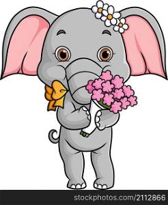The cute elephant is holding a bouquet of flower