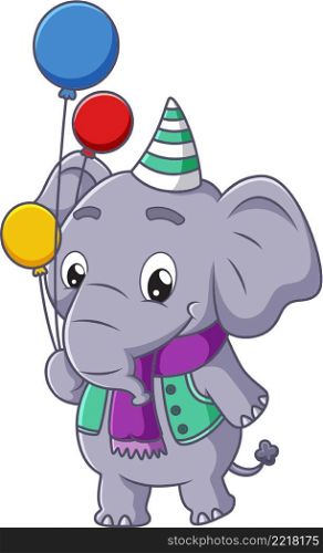 The cute elephant is holding the colorful balloons