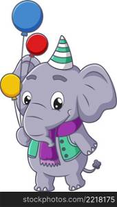 The cute elephant is holding the colorful balloons