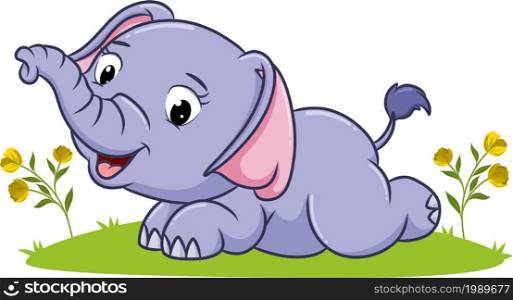 The cute elephant laying on the grass in the garden of illustration
