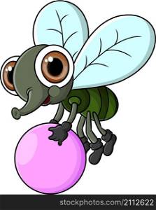 The cute flies is flying and holding a candy ball