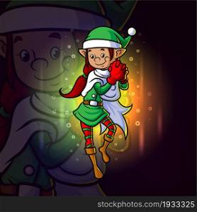 The cute girl elf with the santa hat esport mascot design