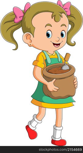 The cute girl is carrying a pot filled with soil