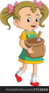 The cute girl is carrying a pot filled with soil