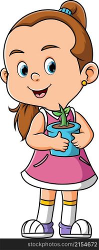 The cute girl is carrying a small vase and planted plant