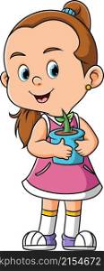 The cute girl is carrying a small vase and planted plant