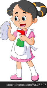 The cute girl is going to clean with a spray and mop while wearing an apron