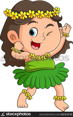 The cute girl is wearing and posing the hawaiian with beautiful flowers on body