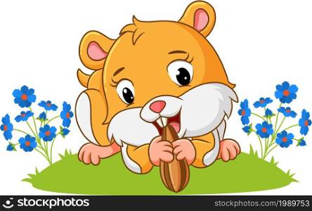 The cute hamster is holding and eating the sunflowers seeds of illustration