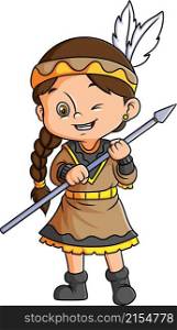 The cute indian girl is holding the long spear