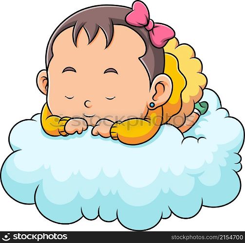The cute little baby girl is sleeping and posing on the cloud