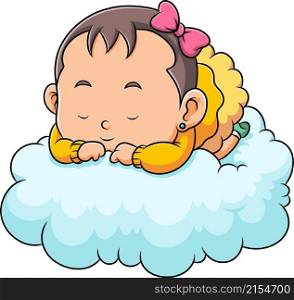 The cute little baby girl is sleeping and posing on the cloud