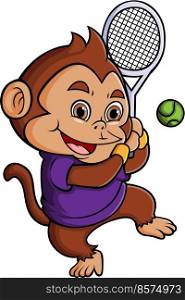 The cute monkey is playing the tennis and hitting the ball 