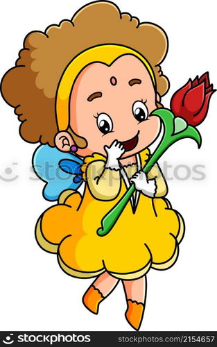 The cute mother of fairy girl is holding the magic rose wand of illustration