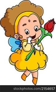 The cute mother of fairy girl is holding the magic rose wand of illustration