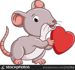 The cute mouse is holding the love heart with red color
