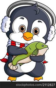 The cute penguin is happy and holding a fish