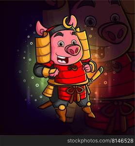 The cute pig with ancient swordsman esport mascot logo design