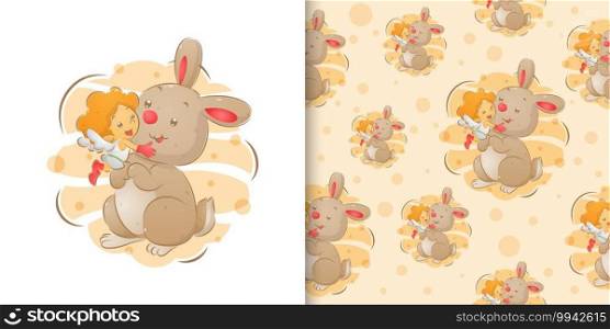The cute rabbit playing with the little fairy on the water colour illustration in pattern set