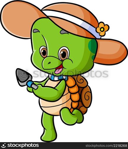 The cute turtle is wearing the beach hat and holding the shovel