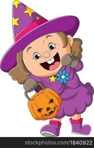 The cute witch girl holding the scary pumpkin and magic wand