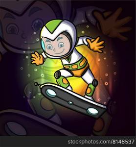The cyborg boy is playing the skateboard in space esport mascot logo design