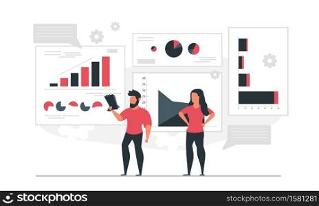The data inform the man with the notebook and the woman. People analyze graphs and compile statistics. Information report concept vector illustration