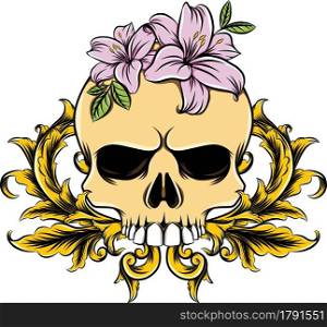 The death skull with the flowers and gold decoration of illustration