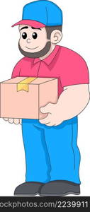 The delivery courier carries a package box with a friendly face, creative illustration design