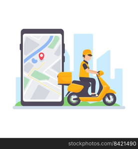 The delivery driver drives through a mobile phone with a map screen. online food delivery concept