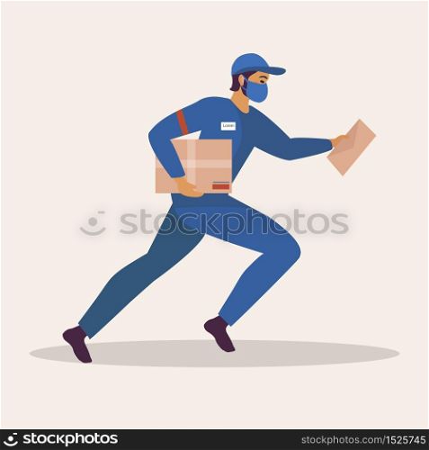 The delivery man in protective mask, prevention of coronovirus, running with the package, box. Fast delivery service concept. Vector illustration of modern style.. The delivery man in protective mask, prevention of coronovirus, running with the package, box. Fast delivery service concept. Vector illustration of modern style