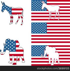 The democrat and republican symbols of a donkey and elephant and American flag.