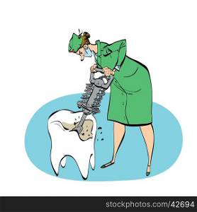 The dentist drills a tooth humorous illustration, color vector comic. A woman with a jackhammer drill of the tooth