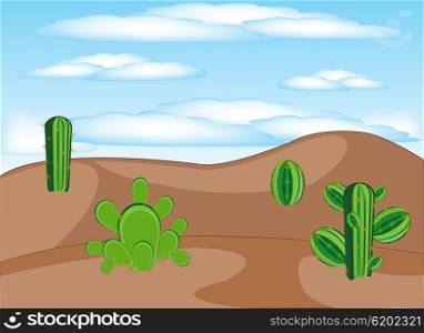 The Desert with cactus and sun dune.Vector illustration. Cactuses in desert