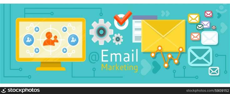 The design concept of email marketing and sales. Concept in flat design style. Can be used for web banners, marketing and promotional materials, presentation templates