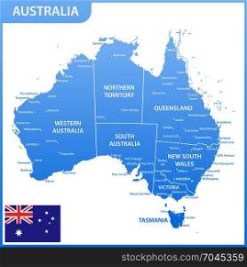The detailed map of the Australia with regions or states and cities, capitals, national flag