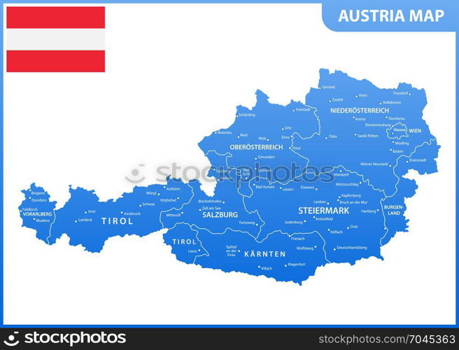 The detailed map of the Austria with regions or states and cities, capital, national flag