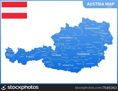 The detailed map of the Austria with regions or states and cities, capital, national flag