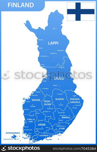 The detailed map of the Finland with regions or states and cities, capitals, national flag