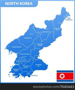 The detailed map of the North Korea with regions or states and cities, capitals, national flag