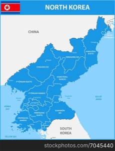 The detailed map of the North Korea with regions or states and cities, capital. Included part of China, Russia, South Korea